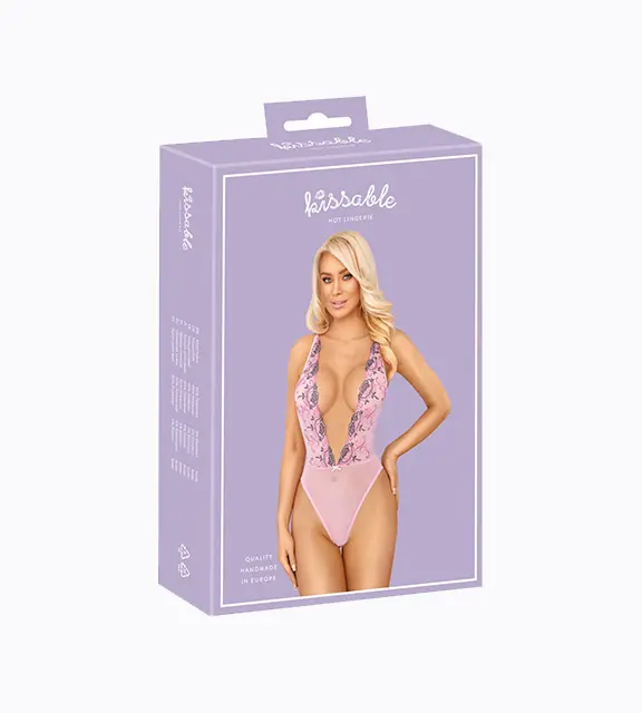 Kissable Body mit tiefem Dekolleté in Rosé, floraler Stickerei, kreuzenden Rückenträgern, aus elastischem Powernet