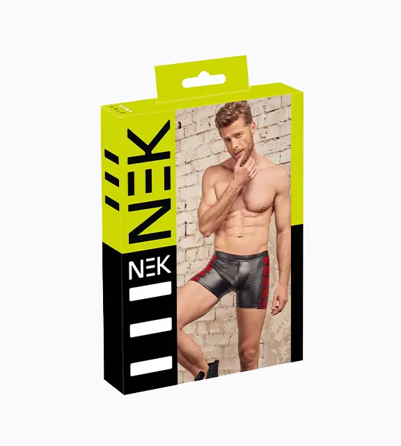 Rote NEK Boxershorts im Biker-Design mit glänzendem Material, Frontreißverschluss und seitlichen Einsätzen für eine betonte Hüfte